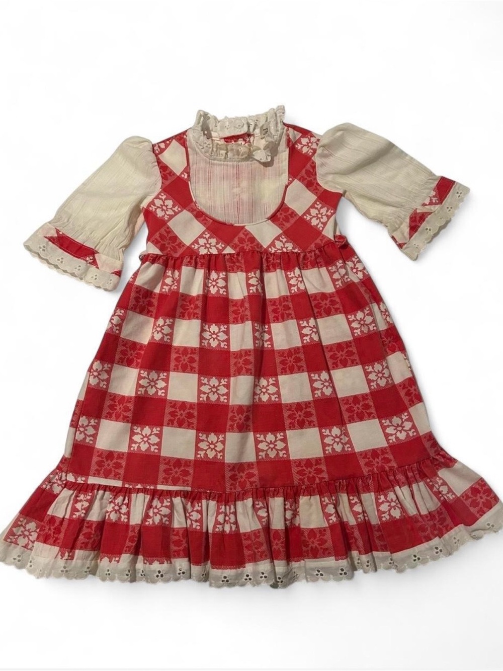 VTG 1970s Sears Perma Prest Red
Gingham Lace Prairie Dress 1T (12 months)